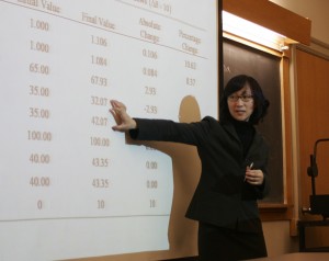 Stella Chan presents 'Sterilization by the People and Trade Liberalization' as part of her candidacy presentation on Thursday afternoon. Originally from Hong Kong, Chan graduated from University of California at Los Angeles and is applying for a macroeconomics professor position at Grinnell. - Aaron Barker