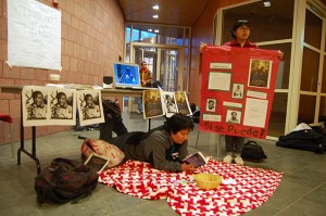 In honor of Cesar Chavez's Birthday, Marisol Casorla '11 and Johana Lozano '11 present posters and YouTube videos of Chavez's speeches while fasting outside the Dining Hall. - Sophie Fajardo