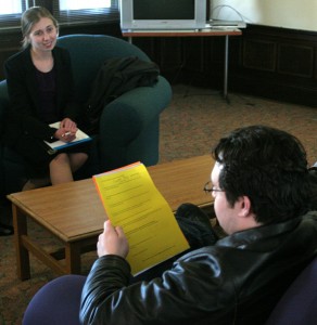 Interviewing for an RLC position for next year, alumna Katherine Pickens '06 listens to a question being asked by Holden Bale '12 during the meet and greet session for students in Langan Lounge.  Jeff Sinick '09 and Alyssa Penner '10 are not pictured but were also present.