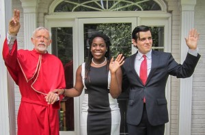 From left, The Cardinal, John Burghardt; The Duchess, Ebony Chuukwu; and Ferdinand, Jordan Friend, outside the Maryland home in which the production was set. Photo: contributed.