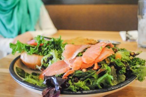 Prairie Canary’s salmon salad special, atop a generous salad. Photo by Connie Lee.