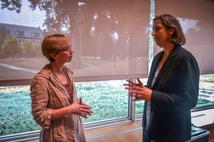 Joanna L. Grossman, Professor at Hofstra Law School (right), discusses equality in colleges' Title IX compliance with Angela Voos. Photograph by Devon Gamble