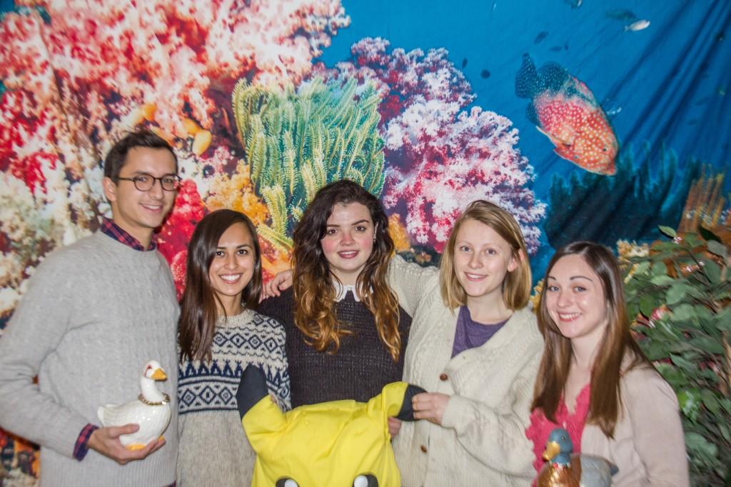 Chris Gallo, Cassie Nedoroski, Emily Mester, Abby Stevens and Sylvie Warfield (all ’14) pose with the many souls of Skymall. Photo by Joanna Silverman.