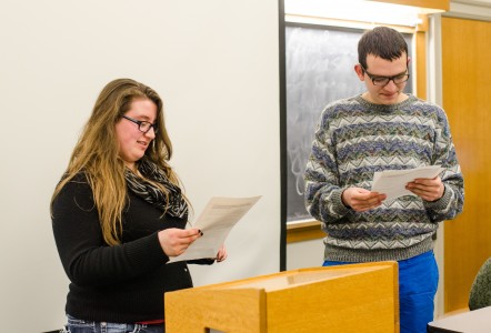 SPARC Vice-Chair Emily Hackman ’16 and SPARC Chair Nathan Forman ’15 take questions about the new SPARC constitution. Photo by Shadman Asif.