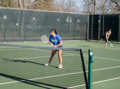 Shirlene Luk ’15 and Clothilde Thirouin ’14, the only doubles winner in last week’s game, practice a rally. Photo by Shadman Asif.