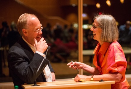 Chris Hedges speaks with Ellen Mease, Theatre and Dance, in JRC 101.  Photo by John Brady