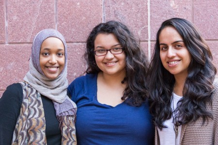 Zina Ibrahim, Mari Holmes, and Ayesha Mirzakhail (all ’17) co-lead the Muslim Student Association. Photo by Rachel Neubauer.