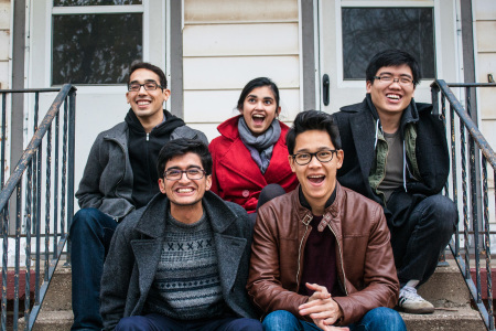 Andres Cambronero ’15, Aditi Lohia ’16, Dan Teng ’15, Amul Gyawali ’15 and Saw Min Maw ’16 get cumfortable on 932’s stoop. Photograph by Tela Ebersole.