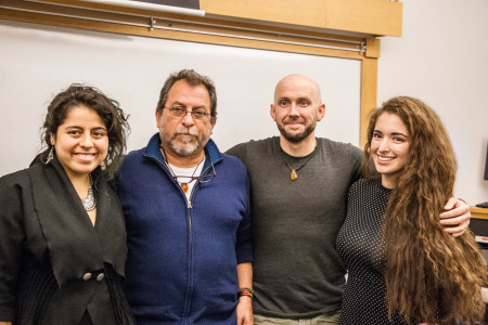Amy Flores ’15, Enrique Reynoso, Tony Nelson and Grisel Hernandez ’17 after Reynoso’s presentation on housing rights. Photo by Sydney Steinle.
