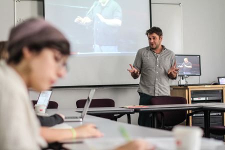 Professor Dean Bakopoulos coaches student performers in a storytelling workshop last Monday. Photo by Aaron Juarez