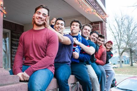 Clayton  Desjardin, Jordy Manker, John Mertes, Danny Reynolds and Daniel Ryerson (all ’15), and Brogan McWilliams and Sam Poulus (both ’16) call Goat House home. Photograph by Tela Ebersole.