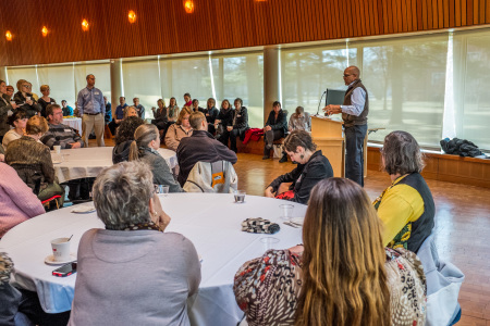 President Raynard Kington outlined future construction and community-building projects on Tuesday in JRC 101. Photo by Chris Lee.