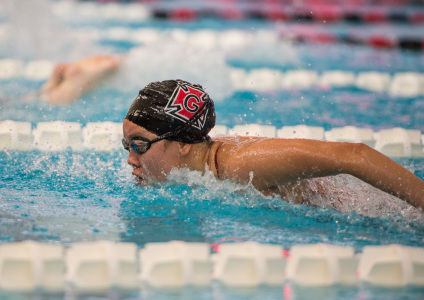Jenny Dong ’17 swims butterfly at last weekend’s Pioneer Classic. Photo by John Brady.