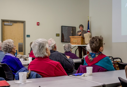 Local historians presented on notable women of Grinnell history in a at Drake Library. Photo by Matt Kartanata.