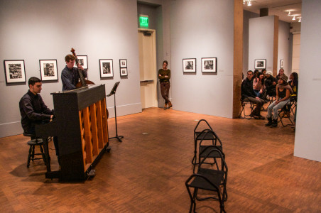  The “Candid Talk” in Faulconer Gallery began with a jazz number, played alongside Gordon Parks’ art. Photo by Jeff Li.