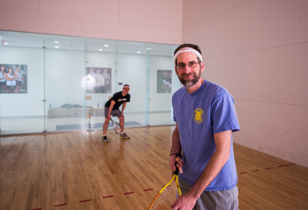 Paul Hutchison and Monty Roper in the raquetball courts preparing for a match Tuesday.  Photo by John Brady 