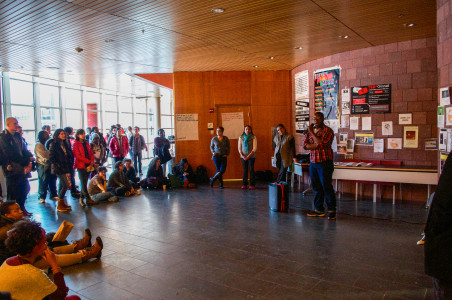 Jeremy Wiles ’15 speaks at the second One Grinnell Solidarity Rally in JRC 101 on Wednesday, Feb. 3. Photo by Jeff Li.