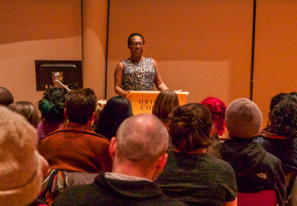  Lourdes Ashley Hunter spoke in JRC 101 as a representative of the Trans Women Color Collective. Photo by Sarah Ruiz. 