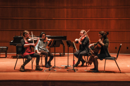The Pacifica Quartet worked with students during their time on campus. Photo by Mary Zheng