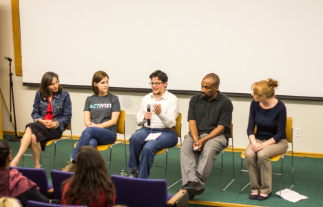 Experts on sexual assault and activism answer questions from students after the film showing. Photo by Jeff Li.
