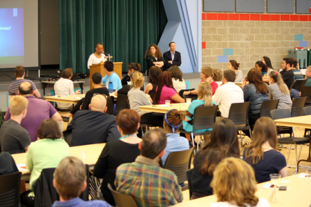 Students and faculty gathered in Harris Cinema to discuss ways to approach racism on campus. Photo by Megan Pachner.