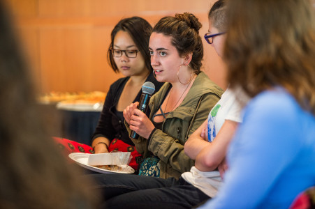 Students speak up about communication during the noon Town Hall in JRC 101. Photo by John Brady.