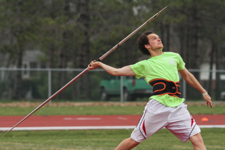 Zev Braun '15 throws a javalin in practice this week. Photo by Aaron Juarez