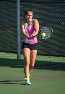 Ameila Cogan ’19 won her first college doubles match Saturday.    Photo by John Brady 