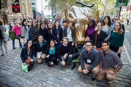 Participants of the NYC Data Tour pose in front of the Charging Bull in Wall Street. (Photo contributed)