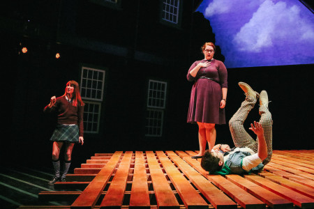 Grace Lloyd ’16, Stella Gatzke ’17 and Michael Kelley ’16 rehearse a scene for “The Boy Who Fell from the Roof.” Photo by Sno Zhao