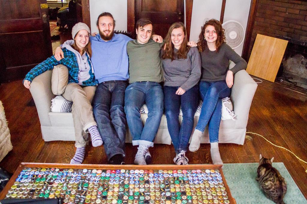 From left: Sara DeRosa ’16, Matt Dole ’15, Mark Lewis ’16, Katie Abrams ’16 and Helen Colliton ’16 live and stay happy together through a careful combination of sass, cat and MarioKart. Photo by Misha Gelnarova.