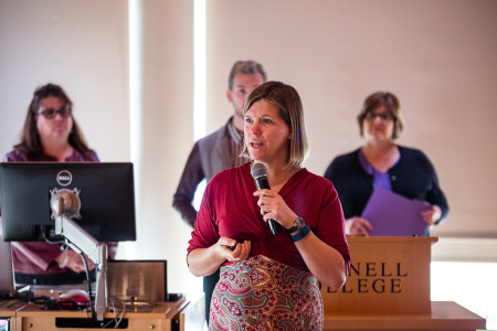 jeff li Wellness Director Jen Jacobsen addresses students and faculty at the second Wellness Town Hall meeting.