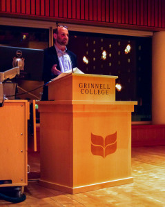 Dan Werner addresses Grinnellians about the misconceptions of human trafficking. Photo by Leina'ala Voss