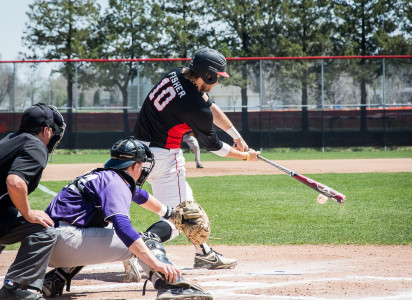 Graham Fisher ’16 strikes a ball last weekend against Knox College, a four-game series which the Pionners swept.  Photo by Hung Vuong
