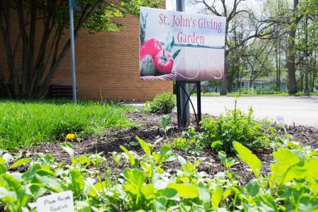 St. John’s Giving Garden, across the street from Loose Hall, is one of several throughout Grinnell. Photo by Sofia Mendez