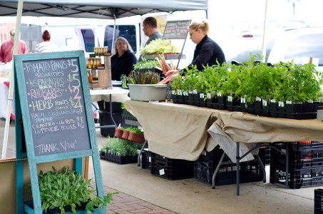 Vendors at the first Grinnell Farmers’ Market of the season display their wares on 4th Avenue. Photo by Ellen Schoenmaker.