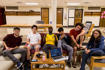 Photo by Garrett Wang. Reed Essex '19, Jacob Leder '20, Hameed Weaver '17, Dhruv Gupta '17, Logan Stuart '19 and Deniz Sahin '20 come together to share homemade beats and practice freestyling. A performance is coming up soon. 