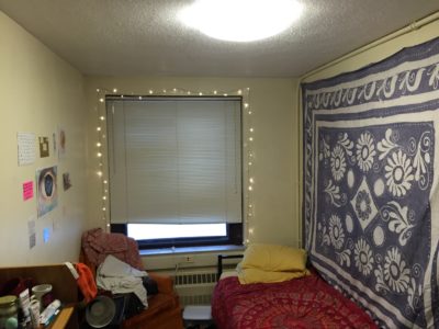 Contributed. Nora Coghlan '17 made the most out of a small single, using tapestries, lights and wall decorations. 