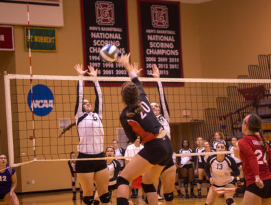 Olivia Fromm '17 spikes the ball against Iowa Wesleyan University at Tuesday's home game.