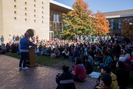 Students, faculty and staff came together in the JRC courtyard on Wednesday afternoon to support one another and share their grief, concerns and hope. Photo by Jeff Li.