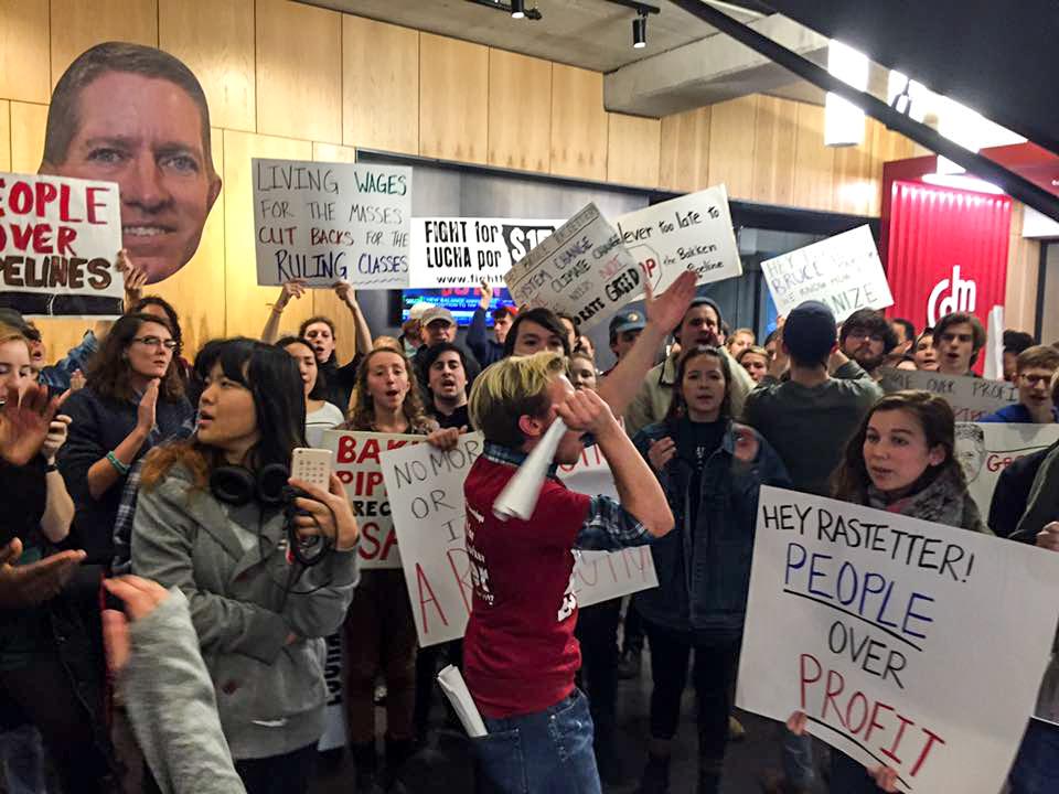 Student action protesters drove to Des Moines to protest Rastetter at his office. Photo contributed.