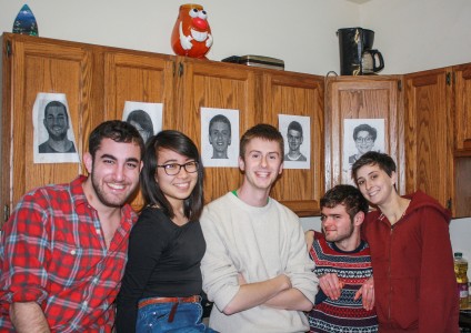 Drew Ohringer, Clare Mao, Sam Dunnington, John Seng and Lauren Teixeira (all ’14) pose with their unsually flattering DB photos. Photo by Joanna Silverman.