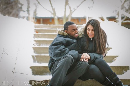 Diana Roman ’14 and her fiancé, Scott Phillips ’11 immediately following their engagement. Photo contributed By Jennifer Weinman Photography.