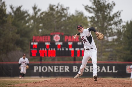 Max Jacobson ’14 pitched two innings in Wednesday’s game against Simpson College on April 2. Photo by John Brady.