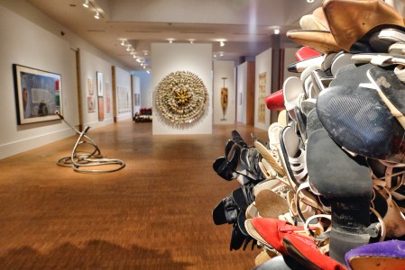 A sampling of Willie Cole’s works now on display in Faulconer Gallery. Photo by Mary Zheng.
