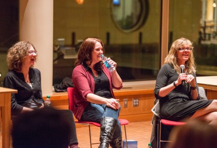 Becca Stumpf, Molly Backes and Christa Desir laughing during their panel on children’s literature and publishing. Photo by John Brady.